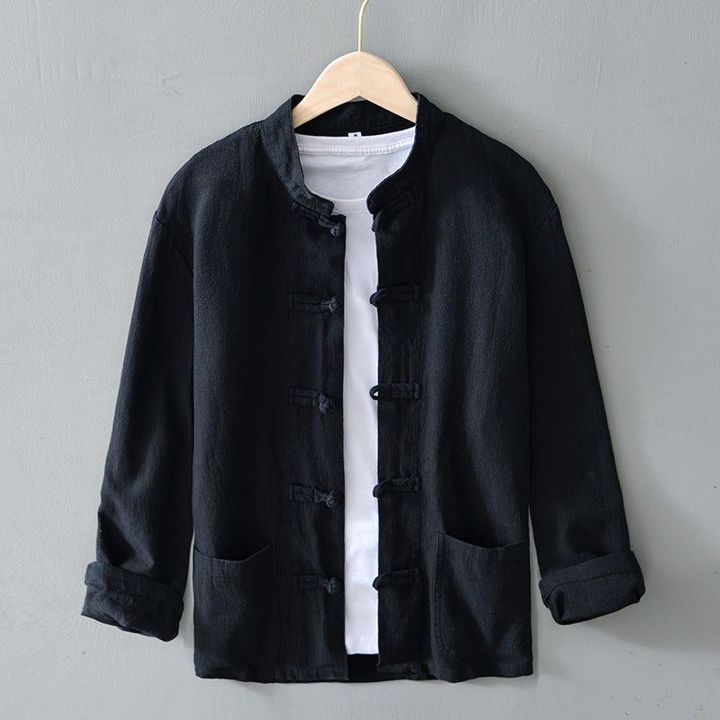 Men's lightweight linen jacket in traditional Chinese style with stand-up collar and knot closures Mune Fashion