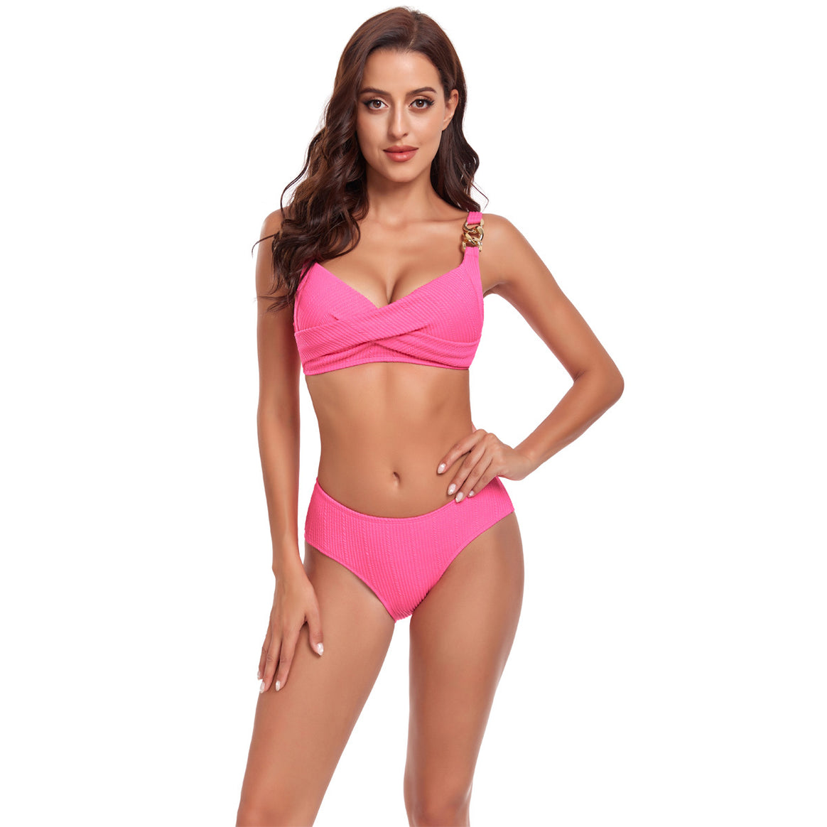 Women's Bikini Set with Crossed Top and Decorative Buckles Mune Fashion