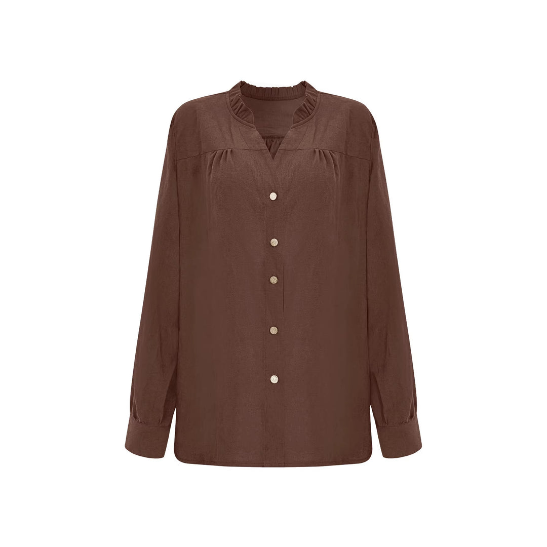Women Loose Blouse Shirt with V-Neck, Ruffle Hem and Golden Decorative Buttons Mune Fashion