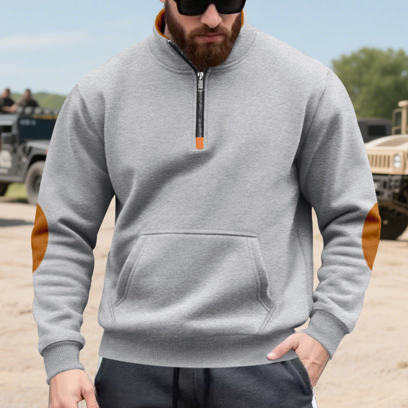 Men's half-zip sweatshirt with stand-up collar, kangaroo pocket, and contrasting elbow patches Mune Fashion