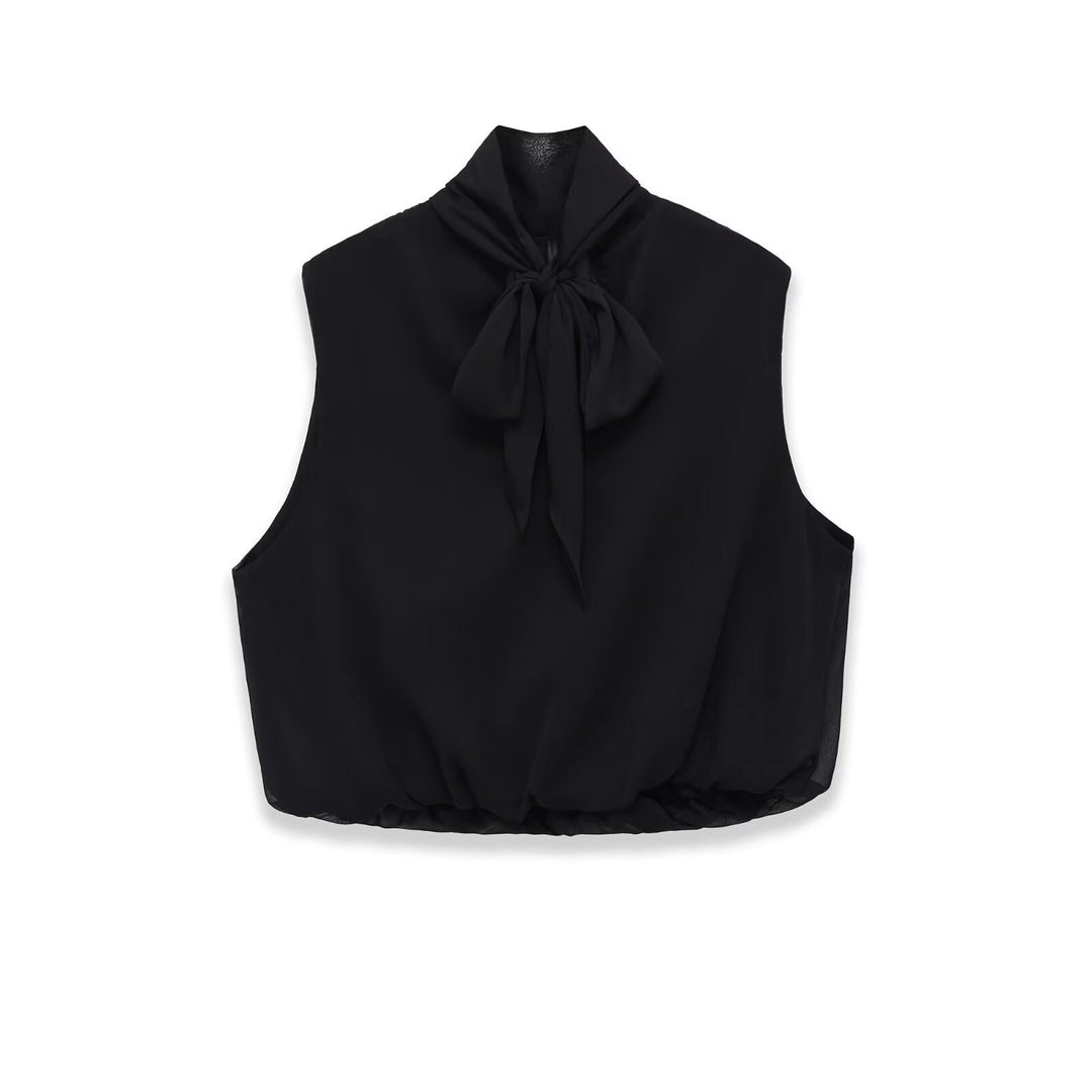 Women Sleeveless Chiffon Blouse with Bow Collar and Elastic Hem Mune Fashion