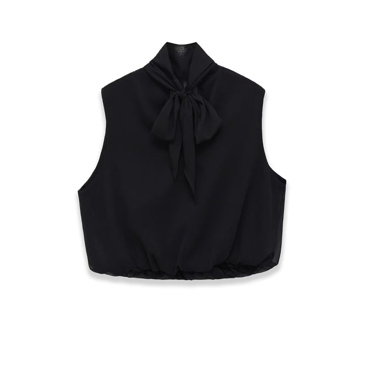 Women Sleeveless Chiffon Blouse with Bow Collar and Elastic Hem Mune Fashion