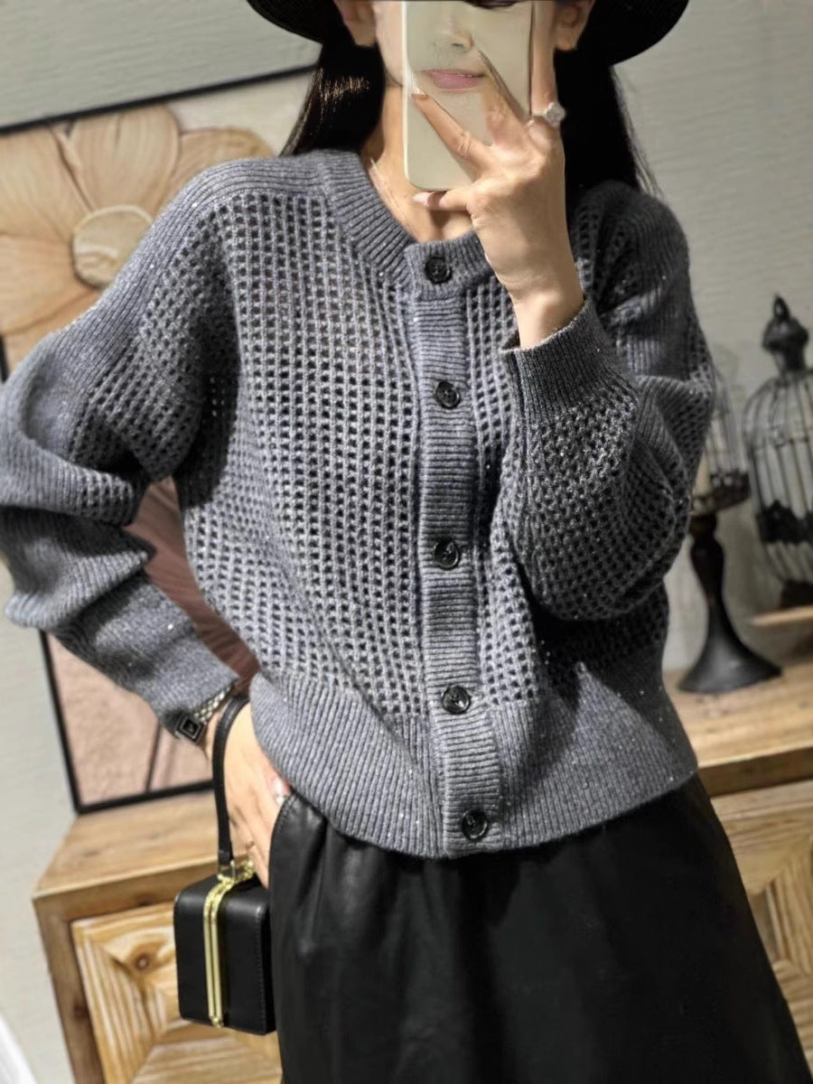 Women Loose Mesh Cardigan with Openwork, Round Neckline and Button Placket Mune Fashion
