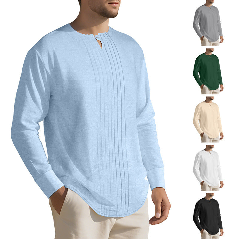 Men's Lightweight Long Sleeve Shirt in Linen Look with Stand-Up Collar, Pleats and Loop Closure Mune Fashion