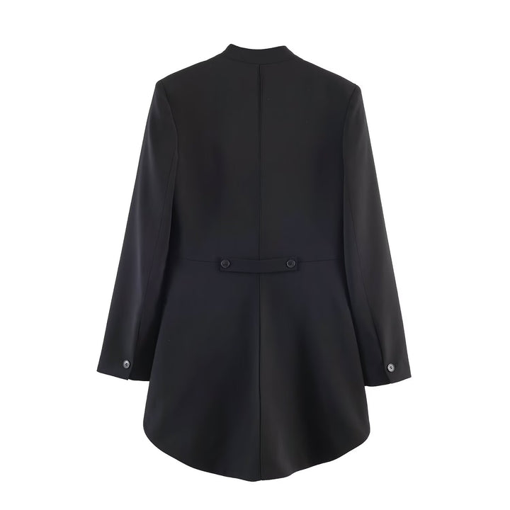 Women Longline Blazer with V-back Hem and Collarless Cut Mune Fashion