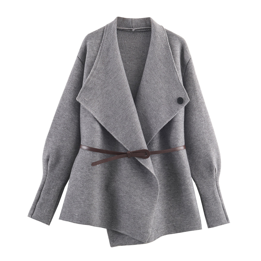 Women's Short Cut Wool Blend Cardigan Coat with Wide Shawl Collar and Narrow Tie Belt Mune Fashion