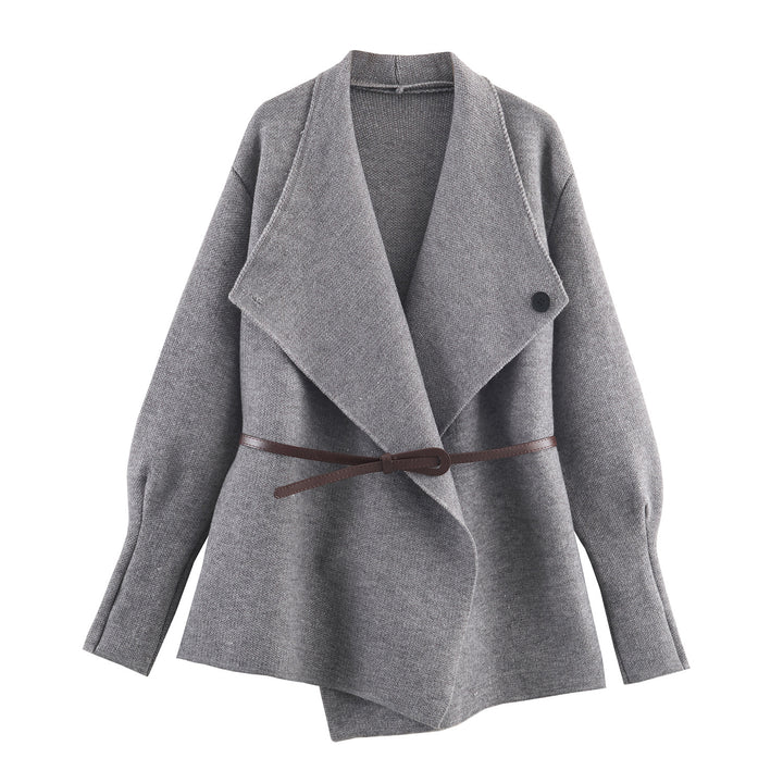 Women's Short Cut Wool Blend Cardigan Coat with Wide Shawl Collar and Narrow Tie Belt Mune Fashion