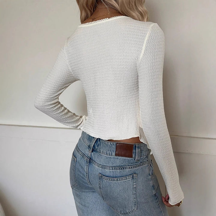 Ladies Ruched Long Sleeve Cropped Top with Heart Neckline and Tiered Ruffle