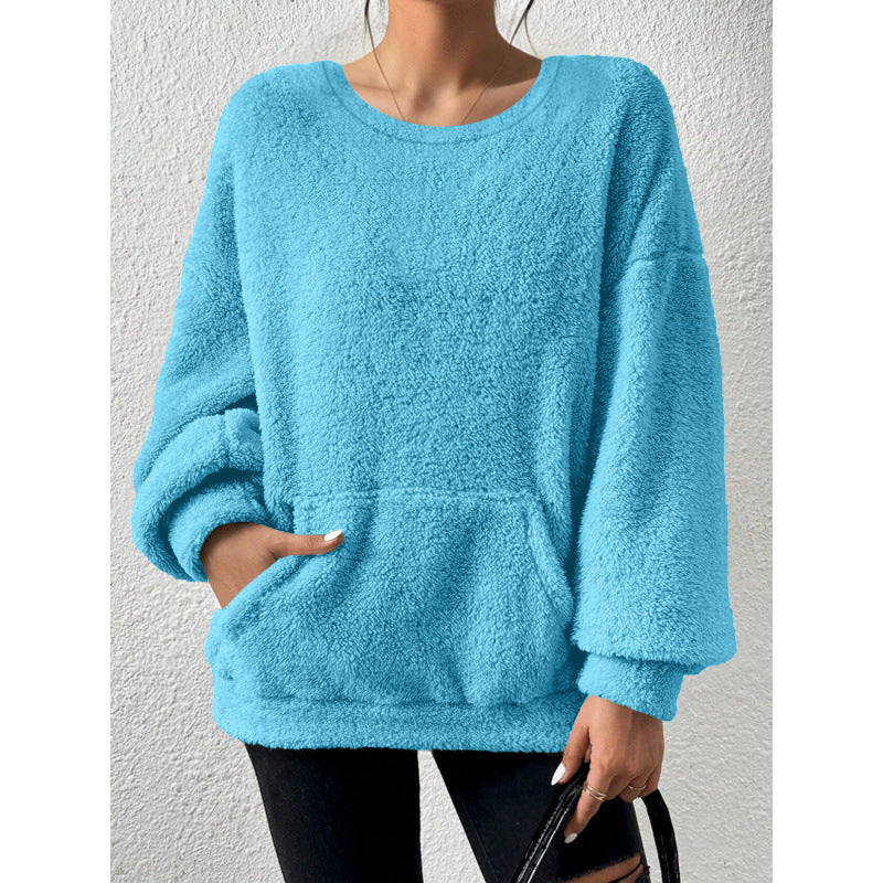 Ladies Cozy Oversized Sherpa Sweater with Kangaroo Pocket and Balloon Sleeves Mune Fashion