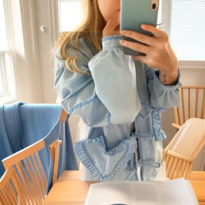 Women's Long-Sleeved V-Neck Blouse with Ties and Heart Ruffle Pockets Mune Fashion