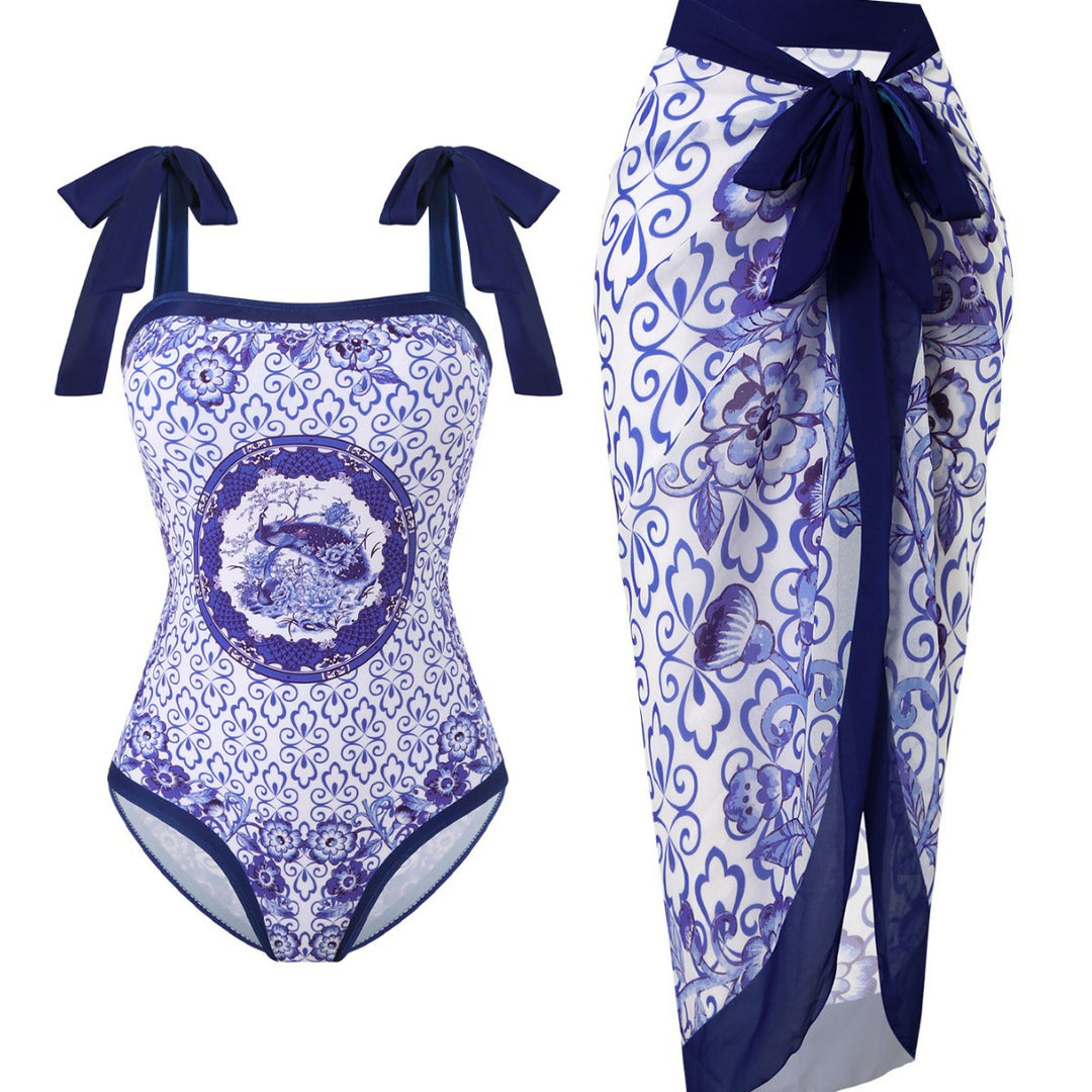 Women's swimsuit with floral design and transparent wrap skirt Mune Fashion
