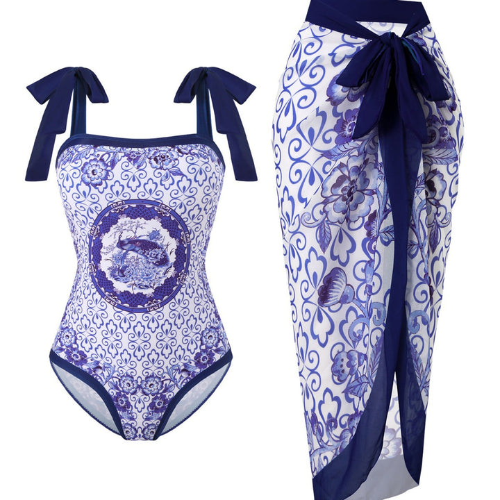 Women's swimsuit with floral design and transparent wrap skirt Mune Fashion