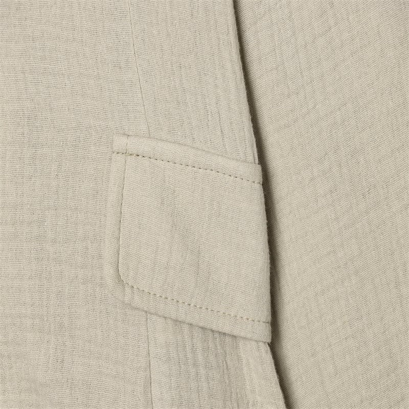 Women Boxy Linen Blazer with Stand Collar, Decorative Button Placket and Patch Pockets Mune Fashion