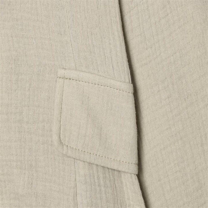 Women Boxy Linen Blazer with Stand Collar, Decorative Button Placket and Patch Pockets Mune Fashion