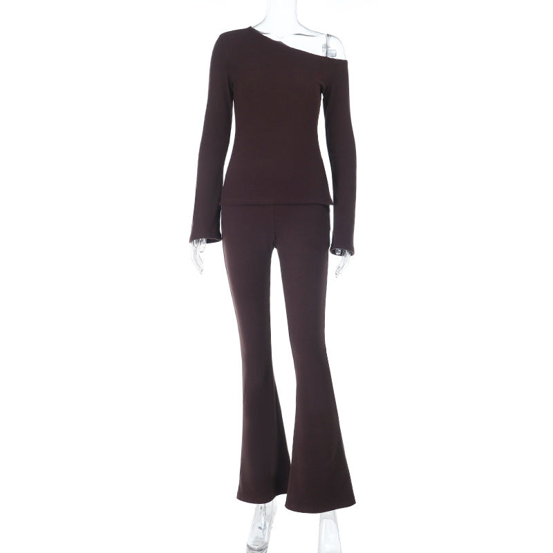 Women’s Off-Shoulder Fine Knit Two-Piece with Asymmetric Top and Flared Trousers Mune Fashion