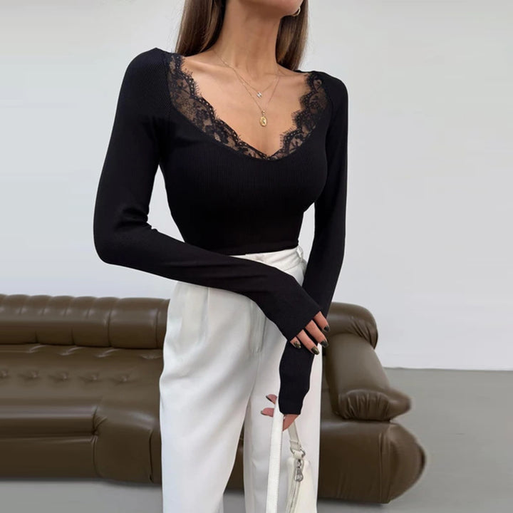 Women's Fitted Long Sleeve Shirt with Lace V-Neck