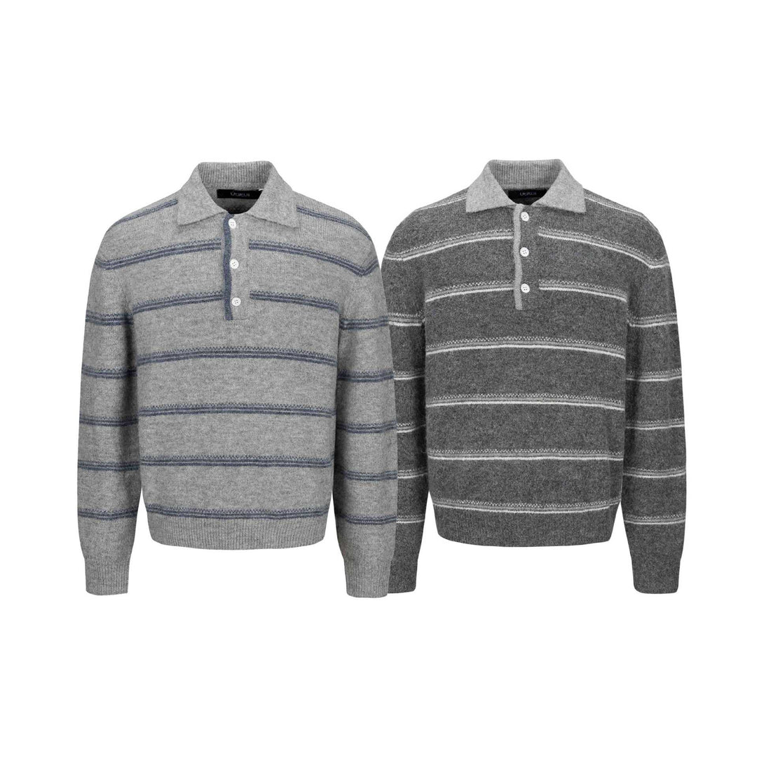 Men's Chunky Knit Polo Collar Sweater with Half Button Placket and Striped Structure Mune Fashion