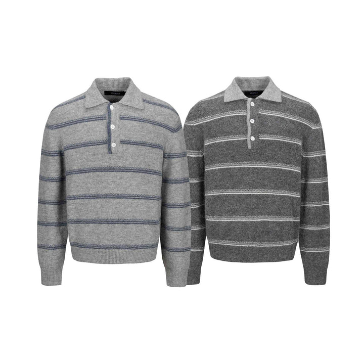 Men's Chunky Knit Polo Collar Sweater with Half Button Placket and Striped Structure Mune Fashion