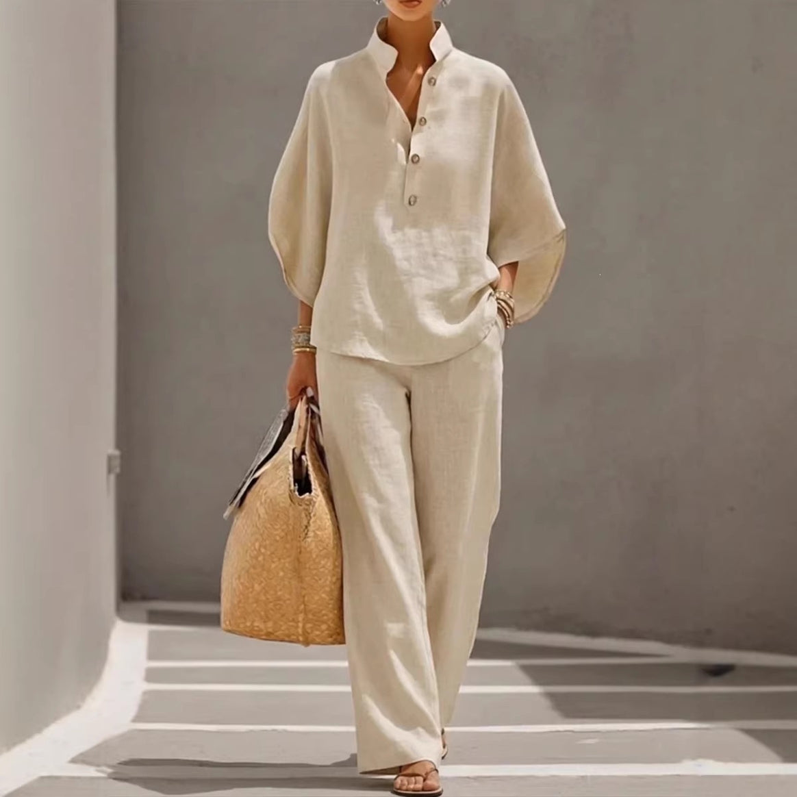 Women Lightweight Linen Loungewear Set with Stand-up Collar Button Placket and Wide Marlene Cut Mune Fashion
