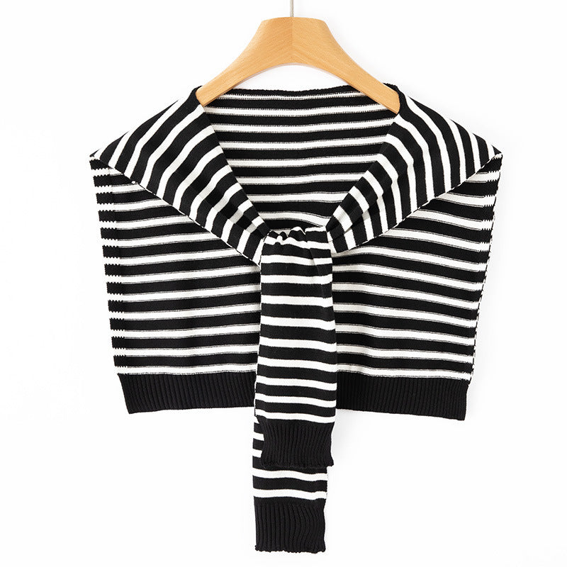 Women's Short Knitted Shoulder Cape to Tie Striped Fine Knit Wrap Stole Mune Fashion