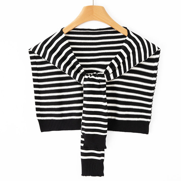 Women's Short Knitted Shoulder Cape to Tie Striped Fine Knit Wrap Stole Mune Fashion