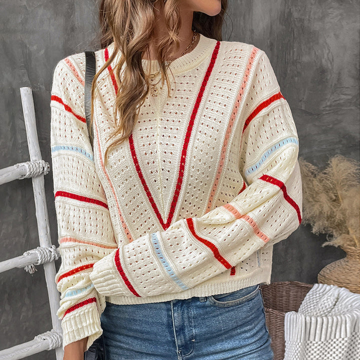 Women's Oversized Openwork Knit Sweater with V-Stripes Design Mune Fashion