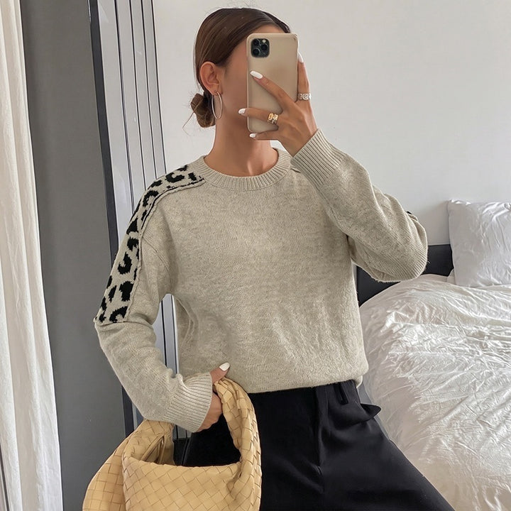 Women's Oversize Knit Sweater with Leo Jacquard Shoulder Inserts Mune Fashion