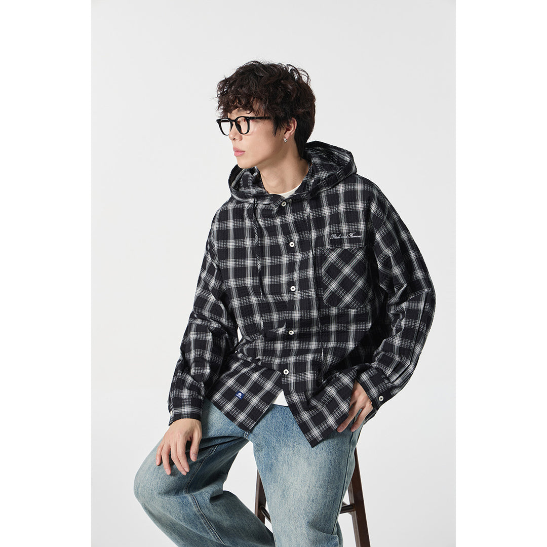 Unisex Hooded Overshirt in Checkered Flannel Look with Chest Pocket and Button Placket Mune Fashion