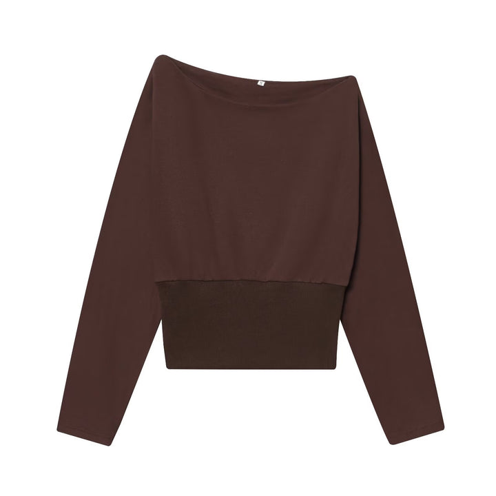 Women Oversize Off-Shoulder Cropped Sweater with Batwing Sleeves and Wide Ribbed Cuff Mune Fashion