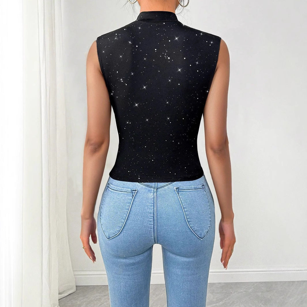 Women's sleeveless wrap top with deep V-neck, tailored draping and sparkling star print Mune Fashion