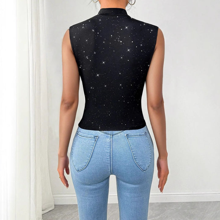 Women's sleeveless wrap top with deep V-neck, tailored draping and sparkling star print Mune Fashion