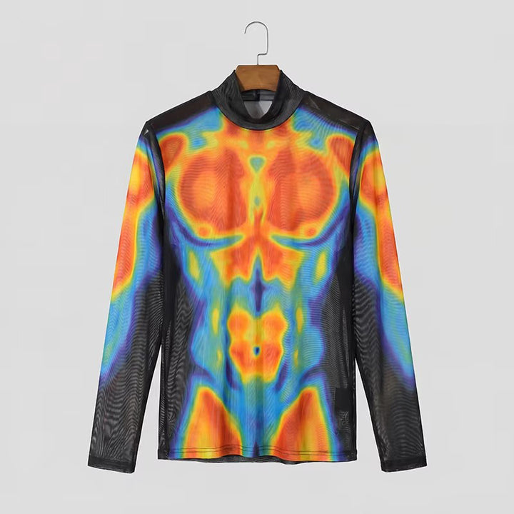 Men's Transparent Mesh Long Sleeve Shirt with 3D Muscle Print Mune Fashion