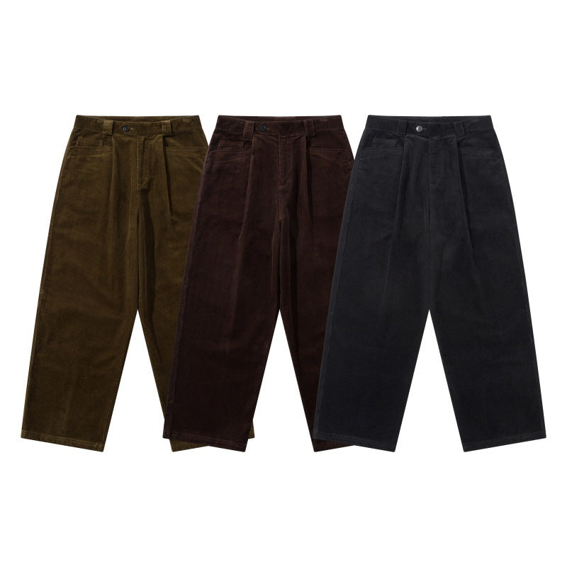 Men's Wide Cord Pants with Pleats, High Waist and Straight Leg Mune Fashion