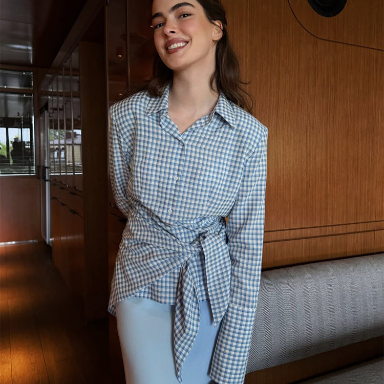 Women Gingham Wrap Blouse with Side Waist Tie and Shirt Collar Mune Fashion