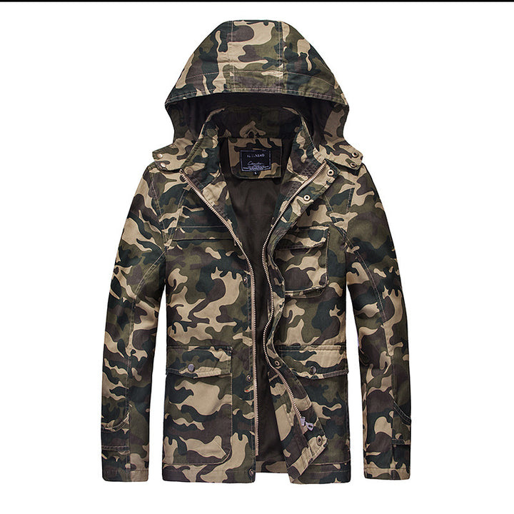 Men's Camouflage Field Jacket with Hood, Multifunctional Exterior Pockets and Drawstring Waist Mune Fashion