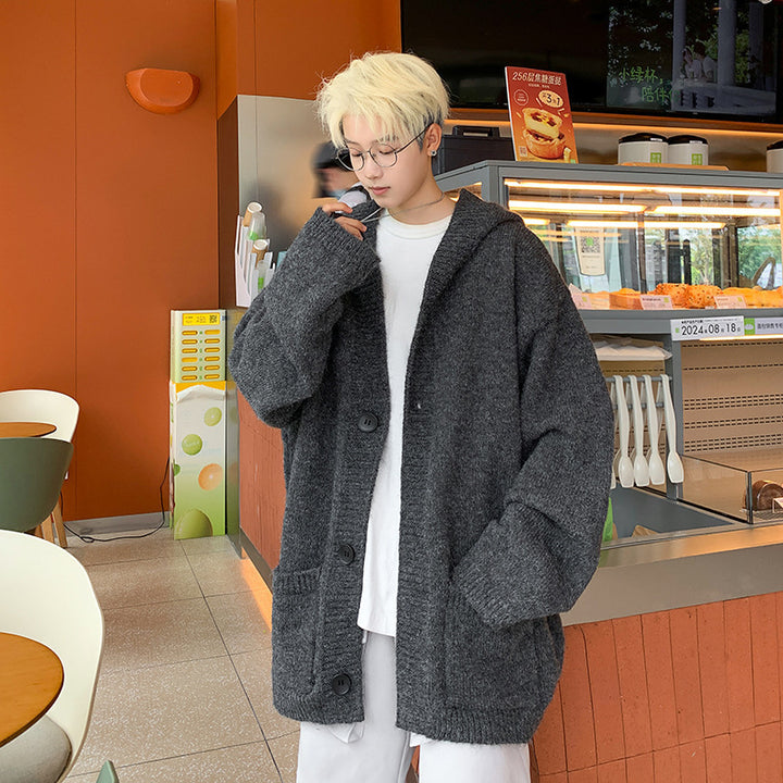 Unisex Oversized Mohair-Optics Knit Cardigan with Hood and Large Buttons Mune Fashion