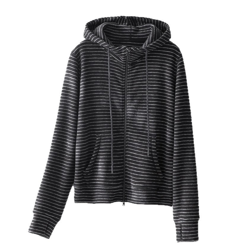 Women Striped Velvet Fleece Zip-Up Hoodie with Kangaroo Pockets Mune Fashion