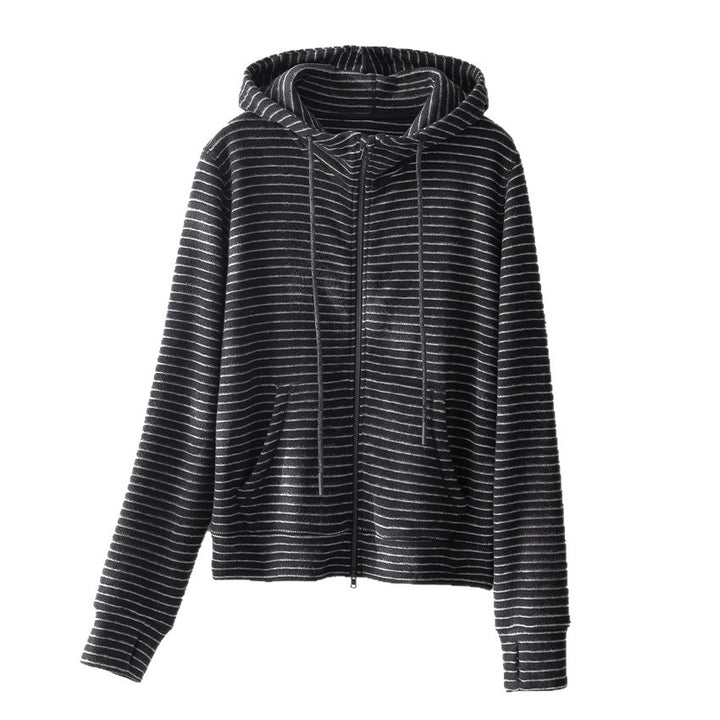 Women Striped Velvet Fleece Zip-Up Hoodie with Kangaroo Pockets Mune Fashion