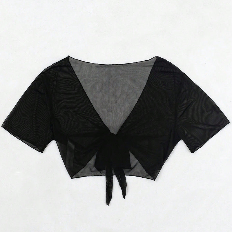 Women's Short Sleeve Crop Top with V-Neck and Tie Band Mune Fashion