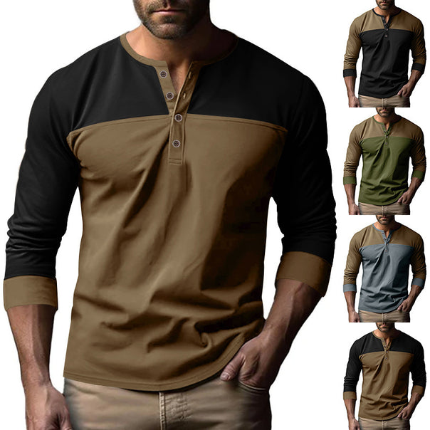 Men's two-tone long sleeve shirt in Henley style with shoulder yoke, short button placket and ribbed cuffs Mune Fashion