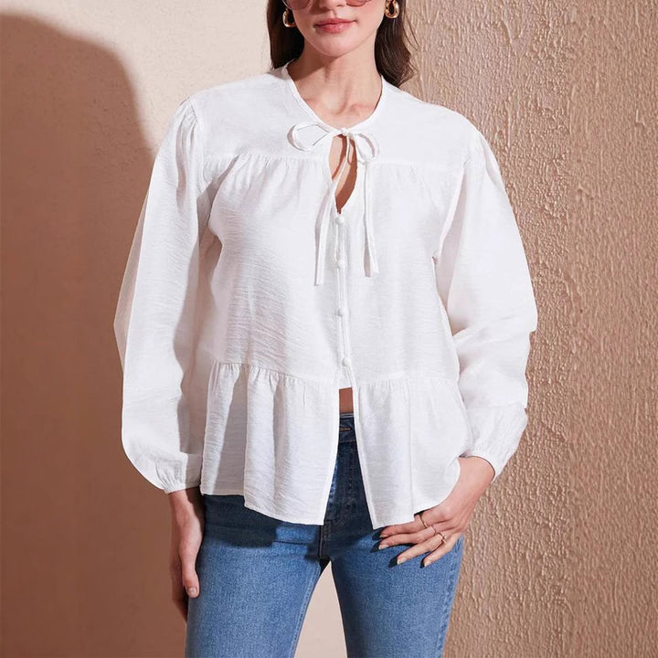 Women's loose-fitting cotton blouse with ruffle tier and tie collar Mune Fashion