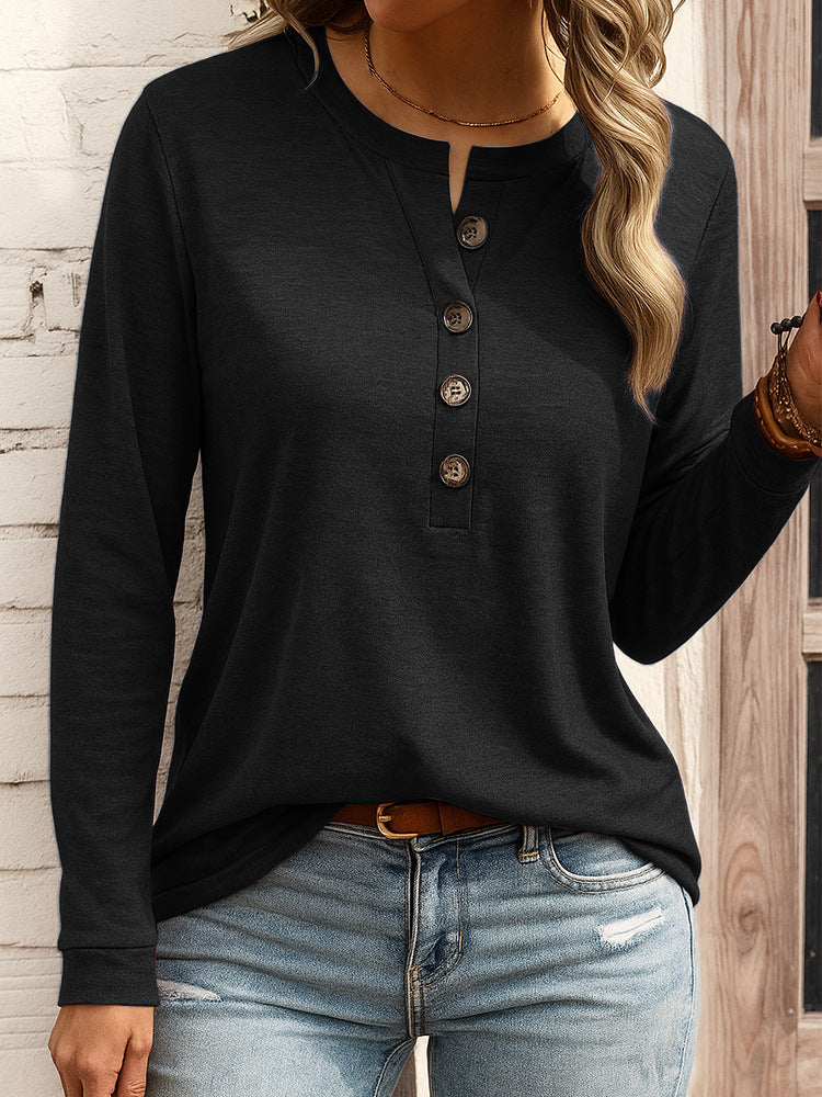 Women's Long Sleeve Henley Shirt with Button Placket and Notch Neckline Mune Fashion