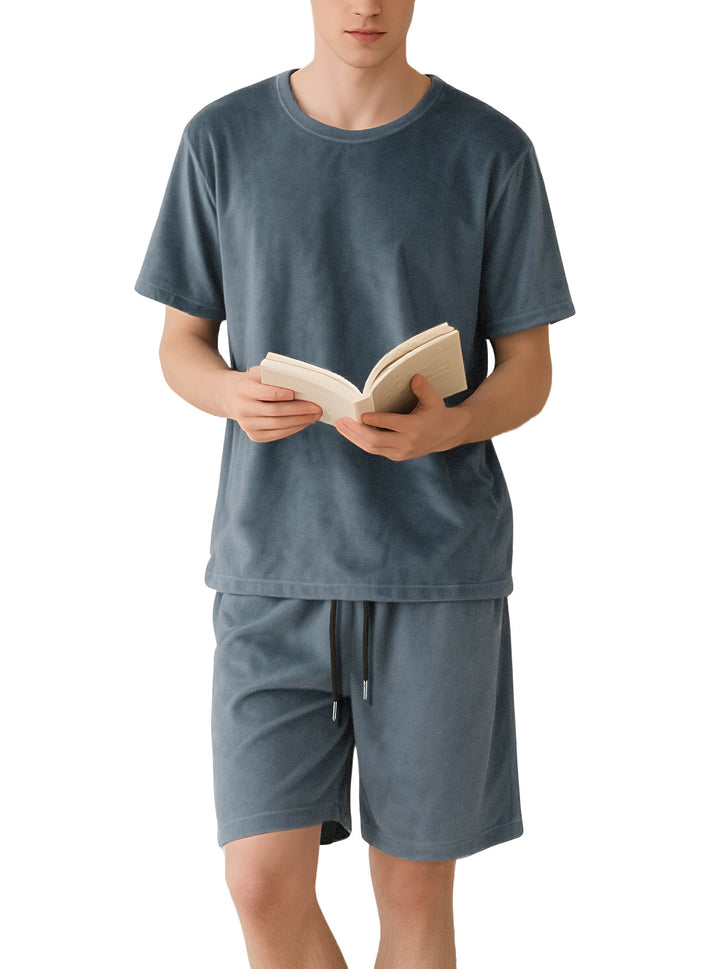 Men's velour lounge set with round neck short sleeve shirt and drawstring shorts Mune Fashion