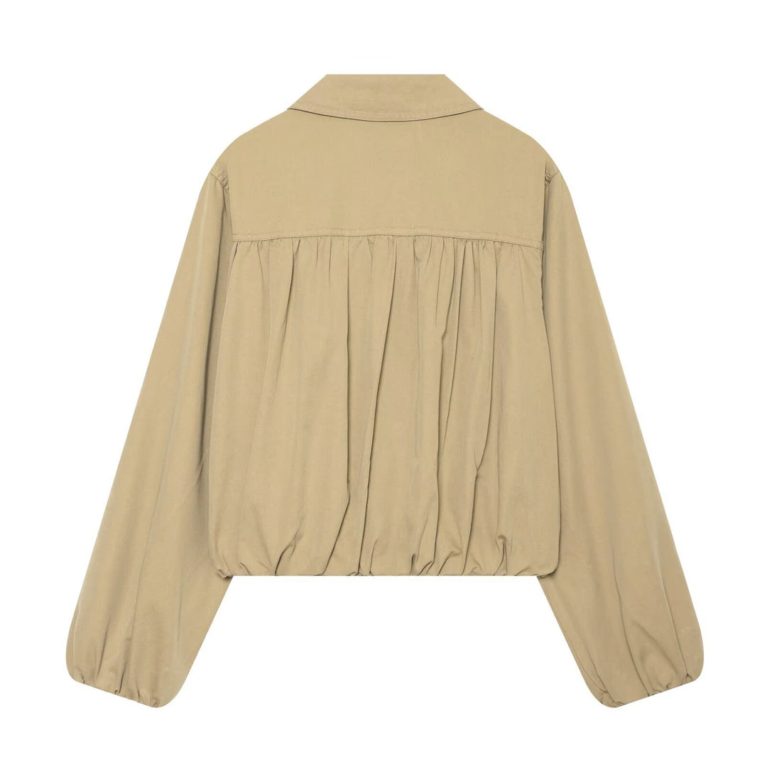 Women's short jacket with gathered chest area, drawstring hem, and balloon sleeves Mune Fashion