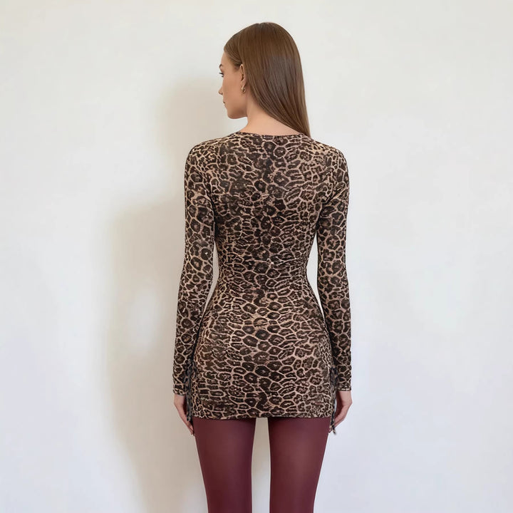 Women's Fitted Leopard Print Mini Dress with Deep V-Neck, Long Sleeves and Drawstrings Mune Fashion