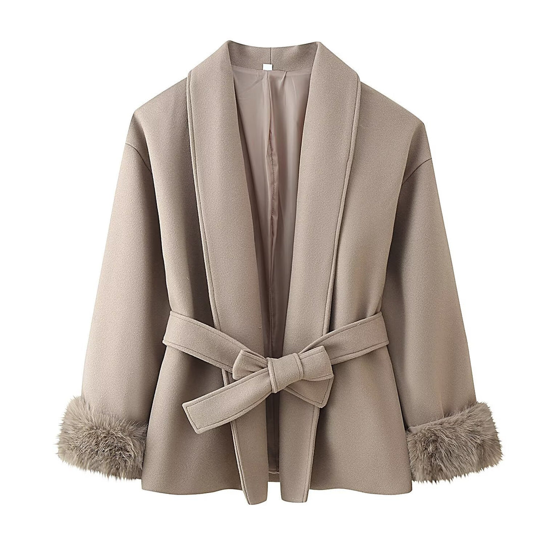 Women's wrap belt coat with shawl collar and faux fur cuffs Mune Fashion