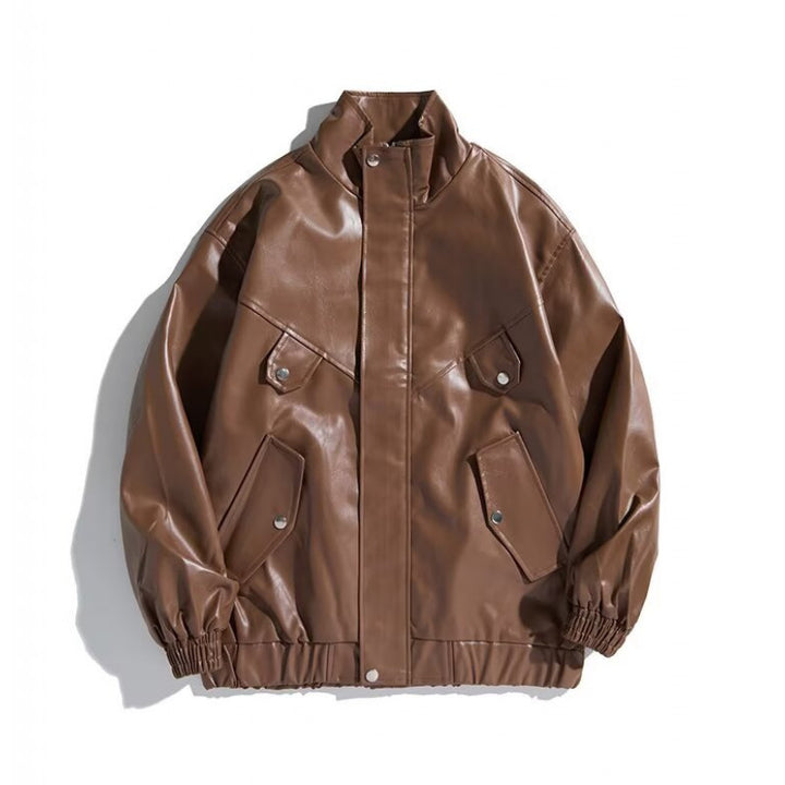 Men's Oversized Faux Leather Bomber Jacket with Stand Collar, Flap Pockets and Elastic Hem Mune Fashion