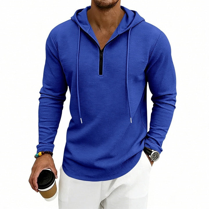Men's Casual Waffle Fabric Hoodie with Half Zipper and Hood Mune Fashion
