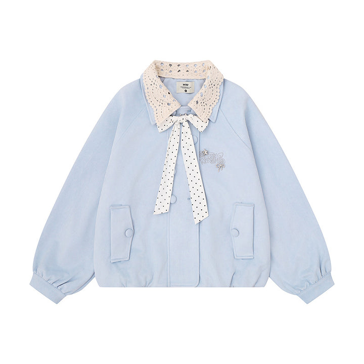 Women's Short Bomber Jacket with Crochet Collar and Ribbon Mune Fashion