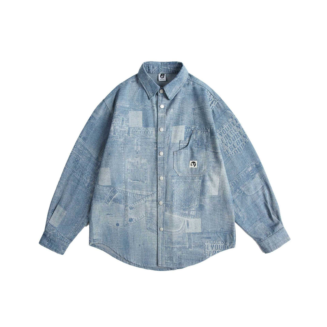 Unisex Oversized-Denim-Shirt Jacket with Patchwork Print and Snap Button Placket Mune Fashion
